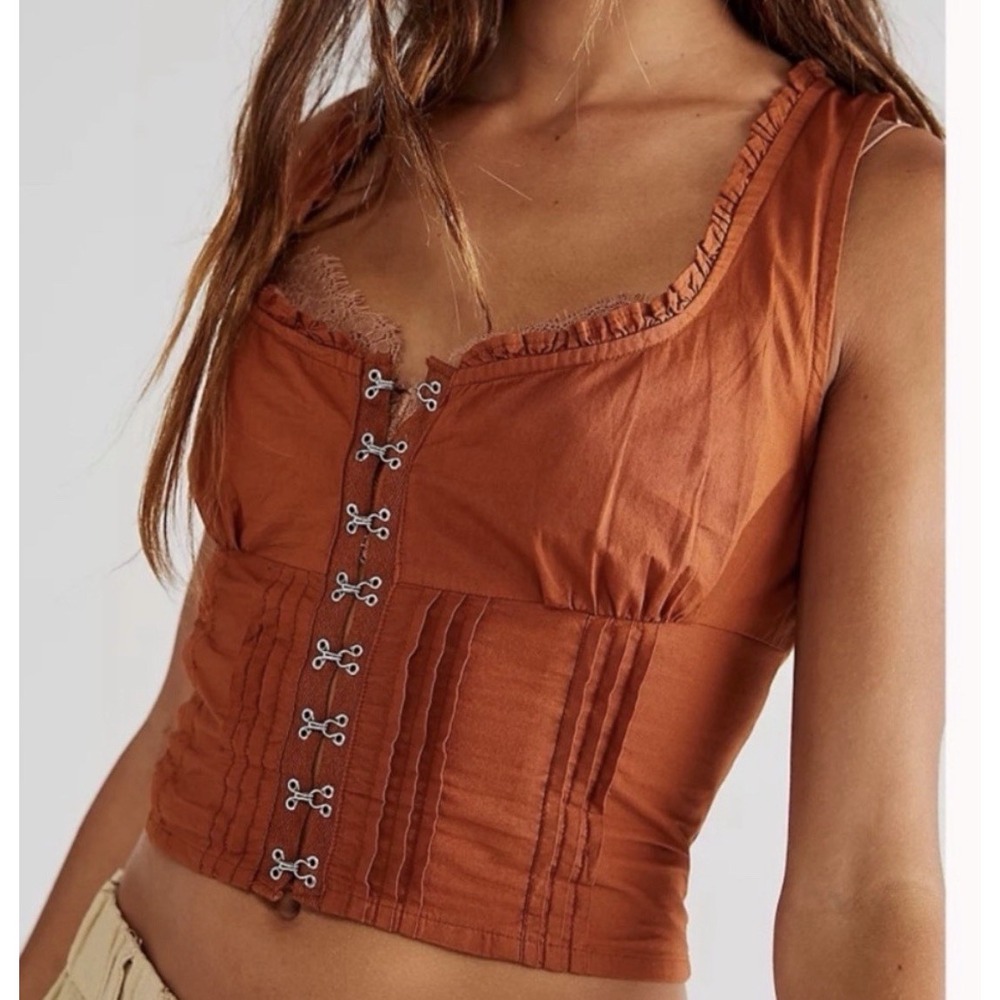 Free People Amelia Rust Orange Corset Top Hook Eye Front Smocked Cottagecore XS